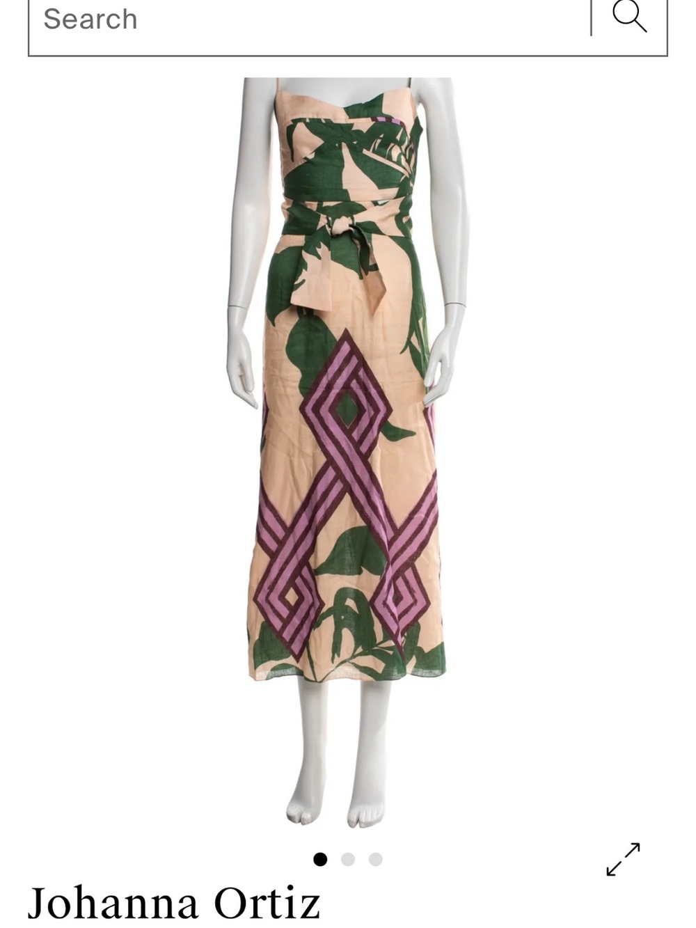 Johanna Ortiz Pink Linen Midi dress with Green Leaf & Purple Geometric Print sz0